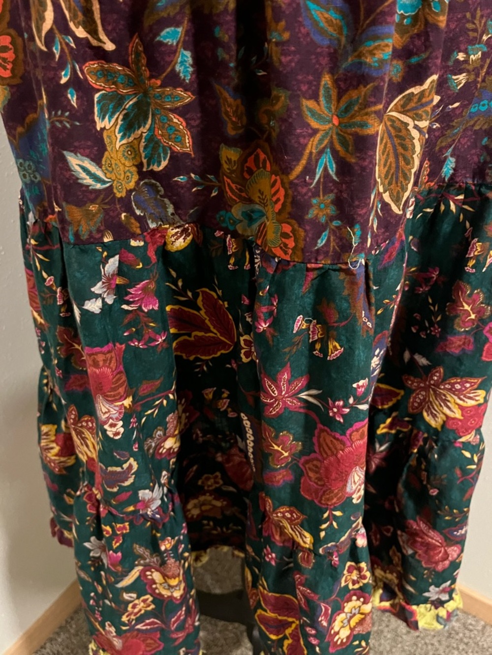 Anthropologie Floral Smocked Midi Dress in Green & Burgundy-Small - Picture 6 of 10
